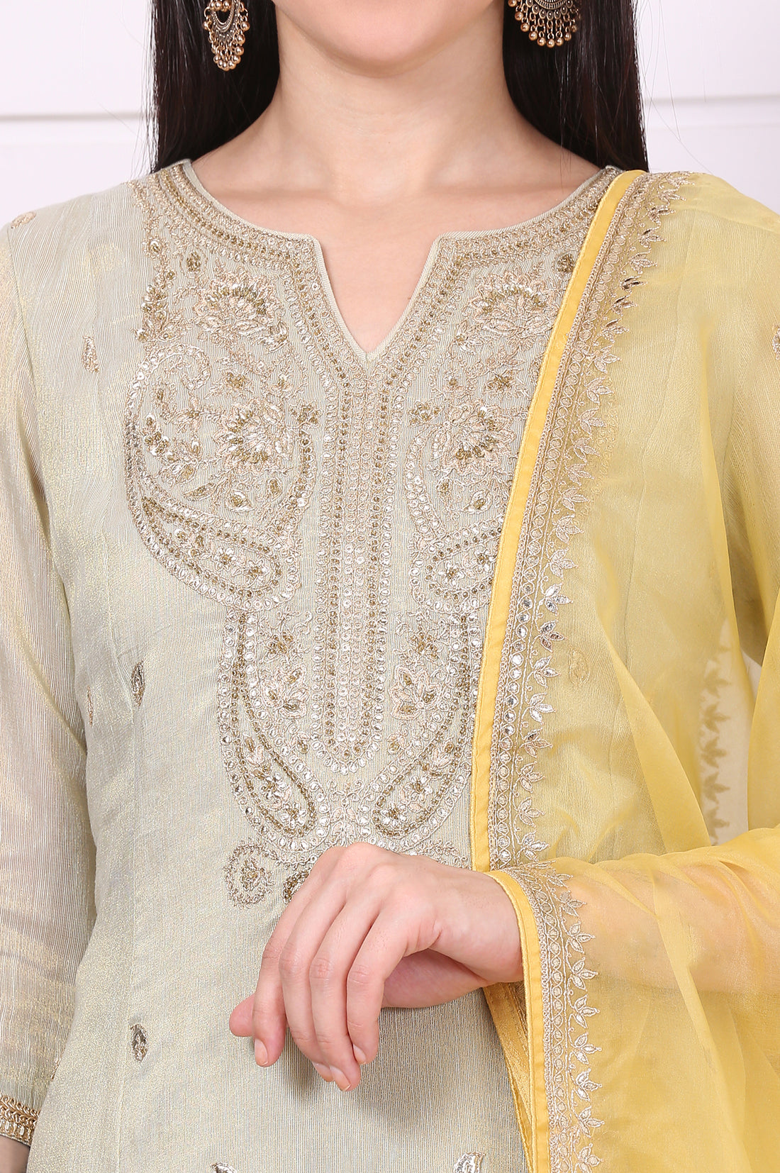 Pista Green Zari Embroidered Anarkali Festive Kurta, Trousers and Dupatta Set