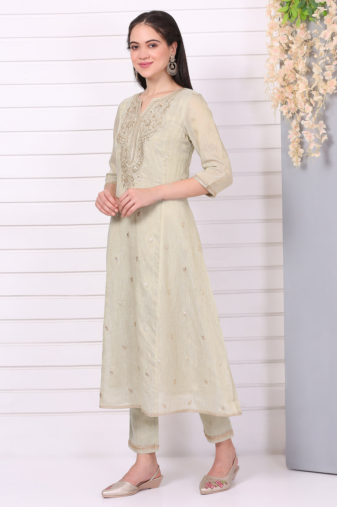 Pista Green Zari Embroidered Anarkali Festive Kurta, Trousers and Dupatta Set