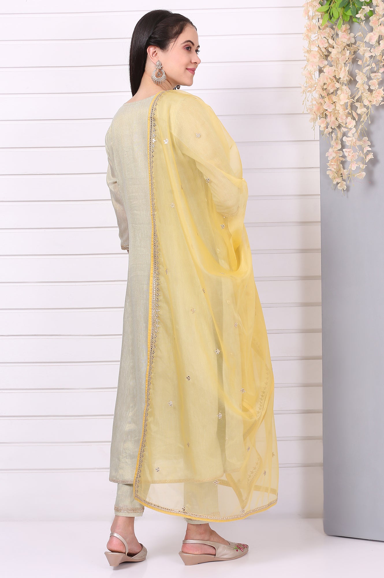 Pista Green Zari Embroidered Anarkali Festive Kurta, Trousers and Dupatta Set