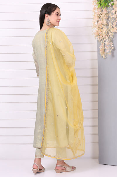 Pista Green Zari Embroidered Anarkali Festive Kurta, Trousers and Dupatta Set