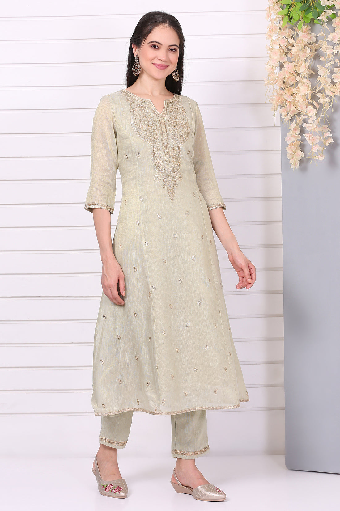 Pista Green Zari Embroidered Anarkali Festive Kurta, Trousers and Dupatta Set