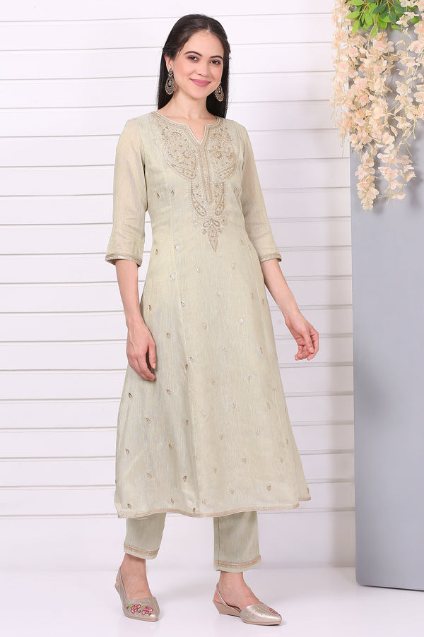 Pista Green Zari Embroidered Anarkali Festive Kurta, Trousers and Dupatta Set