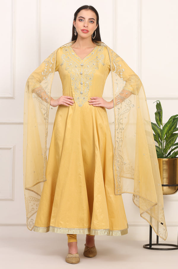 Mustard Solid Dori Embroidered Anarkali Kurta, Leggings and Dupatta Set