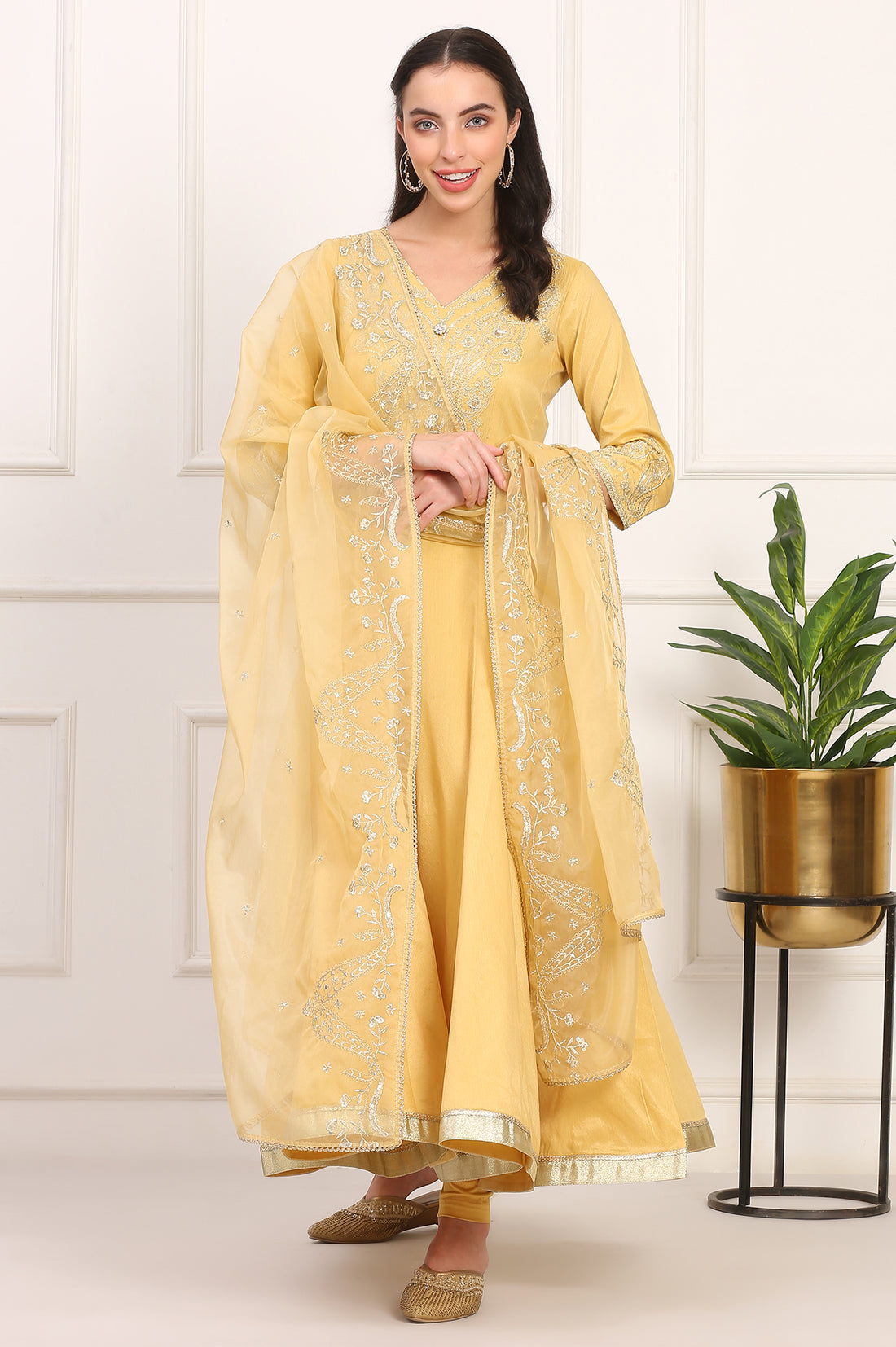 Mustard Solid Dori Embroidered Anarkali Kurta, Leggings and Dupatta Set
