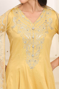 Mustard Solid Dori Embroidered Anarkali Kurta, Leggings and Dupatta Set