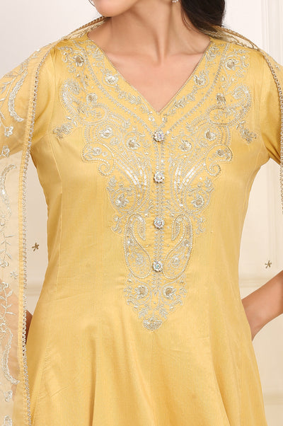 Mustard Solid Dori Embroidered Anarkali Kurta, Leggings and Dupatta Set