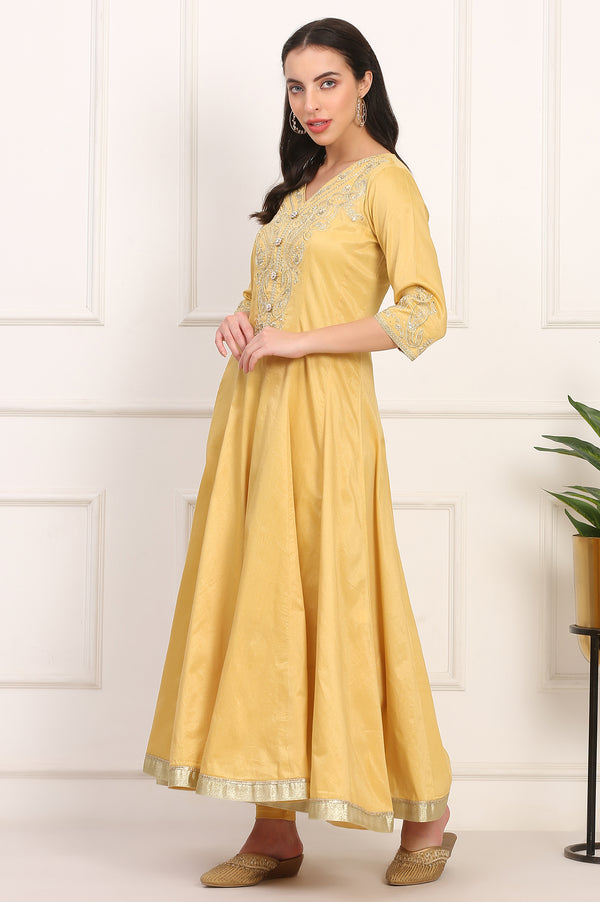 Mustard Solid Dori Embroidered Anarkali Kurta, Leggings and Dupatta Set