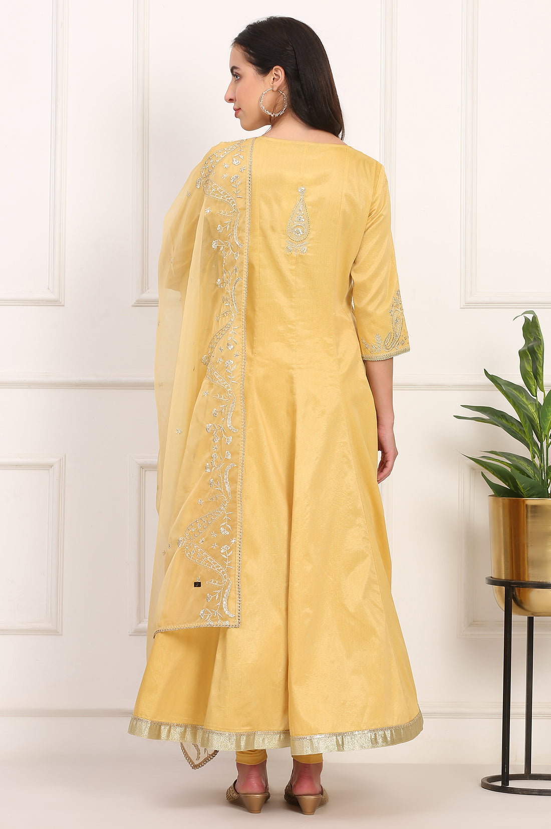 Mustard Solid Dori Embroidered Anarkali Kurta, Leggings and Dupatta Set