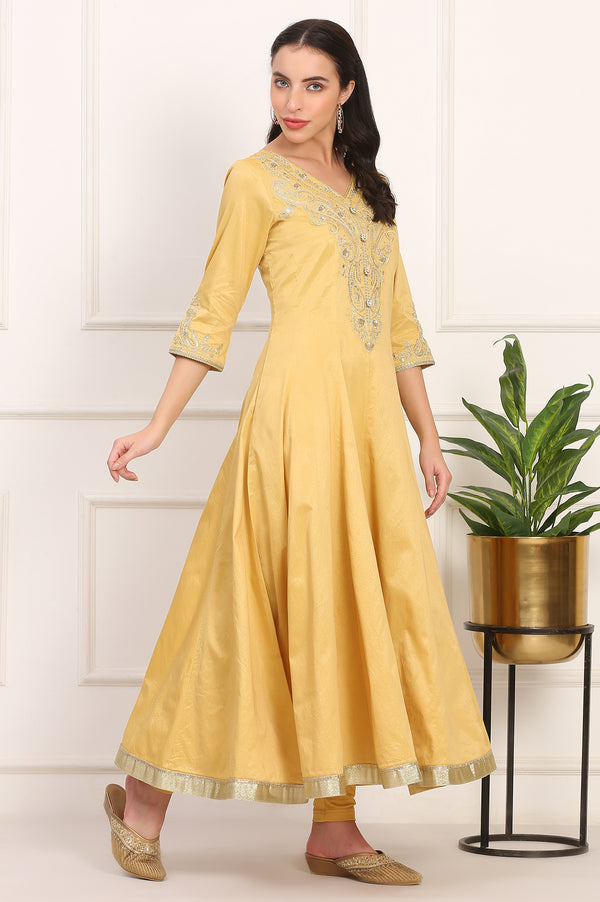 Mustard Solid Dori Embroidered Anarkali Kurta, Leggings and Dupatta Set