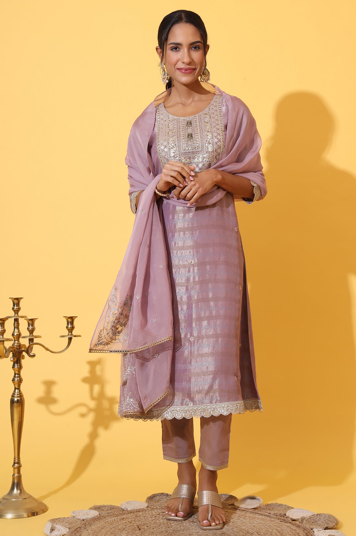 Purple Embroidered A-line Kurta and Trousers Set with Dupatta - S