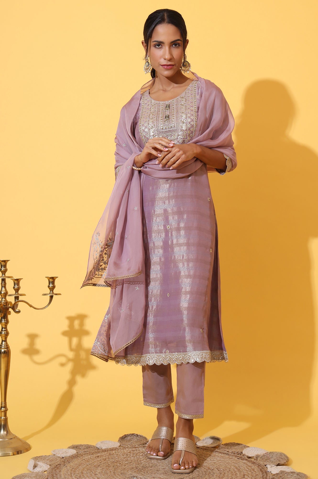 Purple Embroidered A-line Kurta and Trousers Set with Dupatta