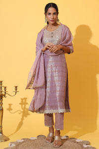 Purple Embroidered A-line Kurta and Trousers Set with Dupatta