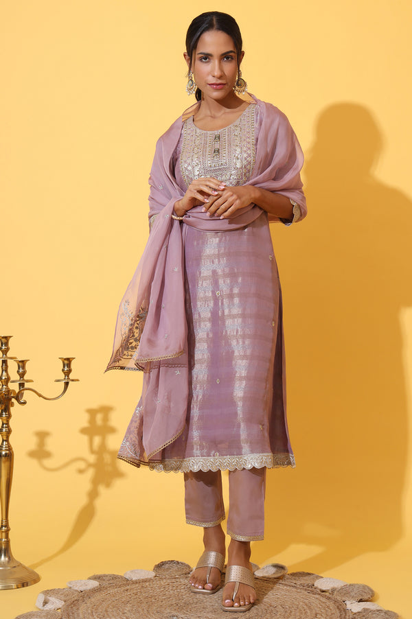 Purple Embroidered A-line Kurta and Trousers Set with Dupatta