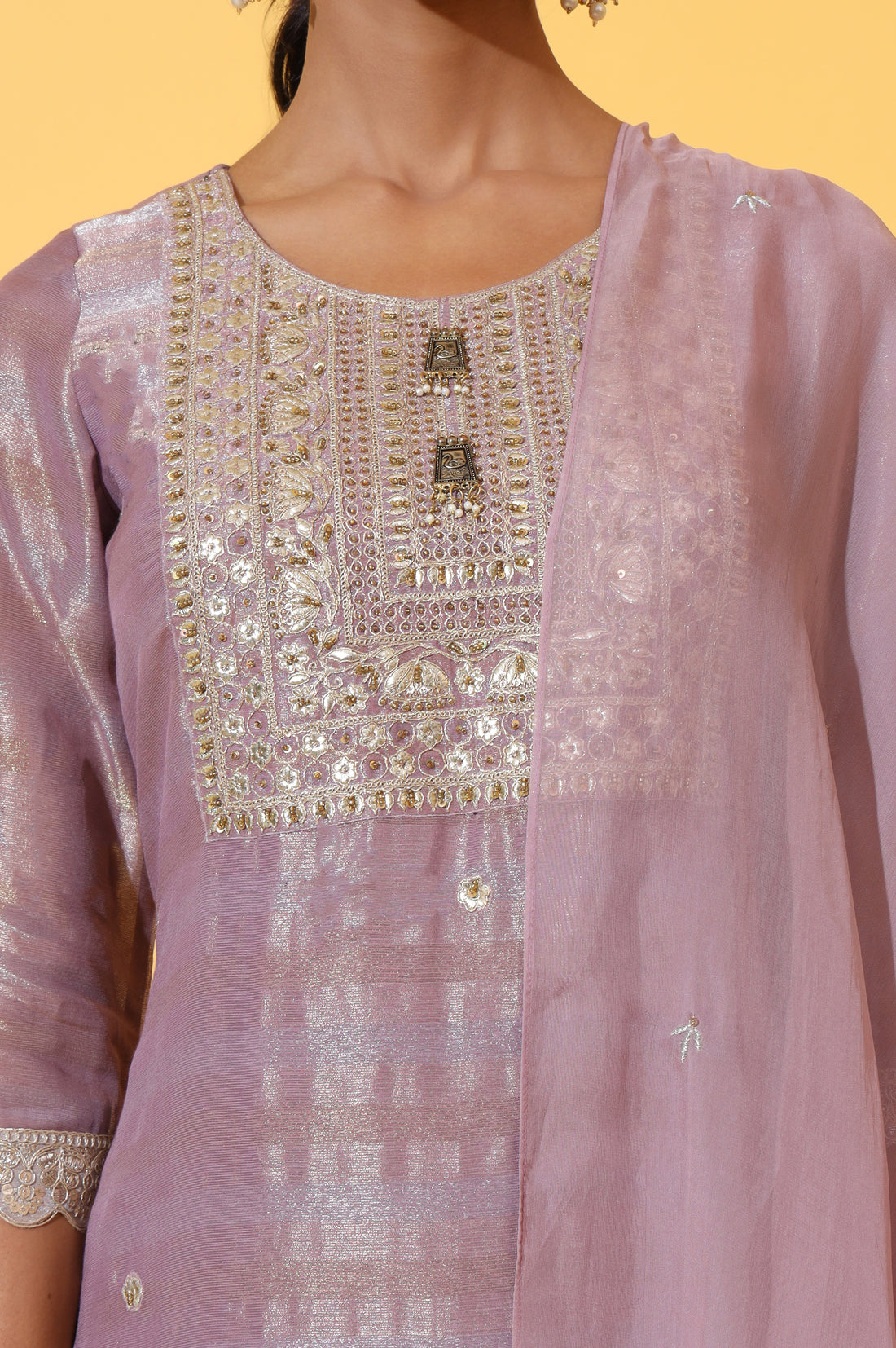 Purple Embroidered A-line Kurta and Trousers Set with Dupatta
