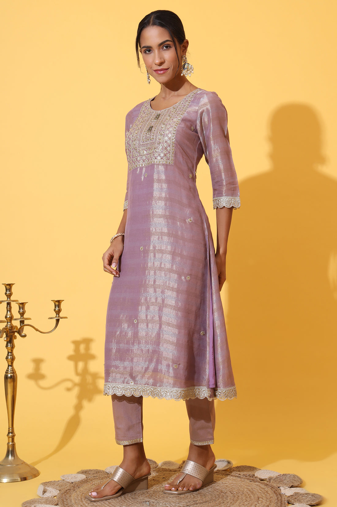 Purple Embroidered A-line Kurta and Trousers Set with Dupatta