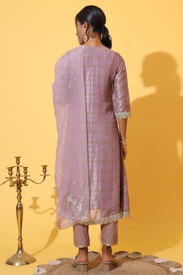 Purple Embroidered A-line Kurta and Trousers Set with Dupatta
