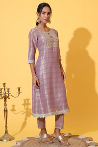 Purple Embroidered A-line Kurta and Trousers Set with Dupatta