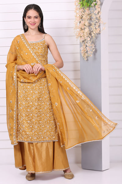 Gold Thread Embroidered Straight Spaghetti Kurta, Palazzos and Dupatta Set