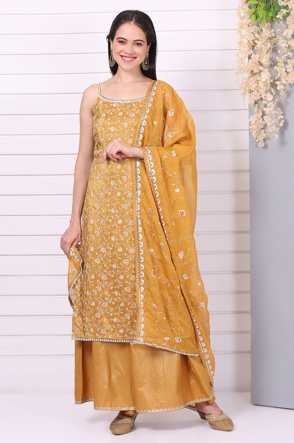 Gold Thread Embroidered Straight Spaghetti Kurta, Palazzos and Dupatta Set