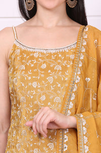 Gold Thread Embroidered Straight Spaghetti Kurta, Palazzos and Dupatta Set