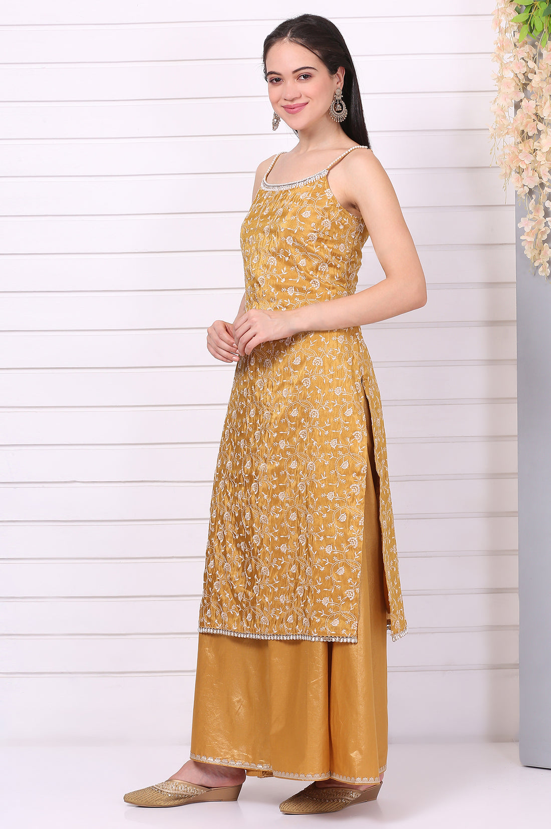 Gold Thread Embroidered Straight Spaghetti Kurta, Palazzos and Dupatta Set
