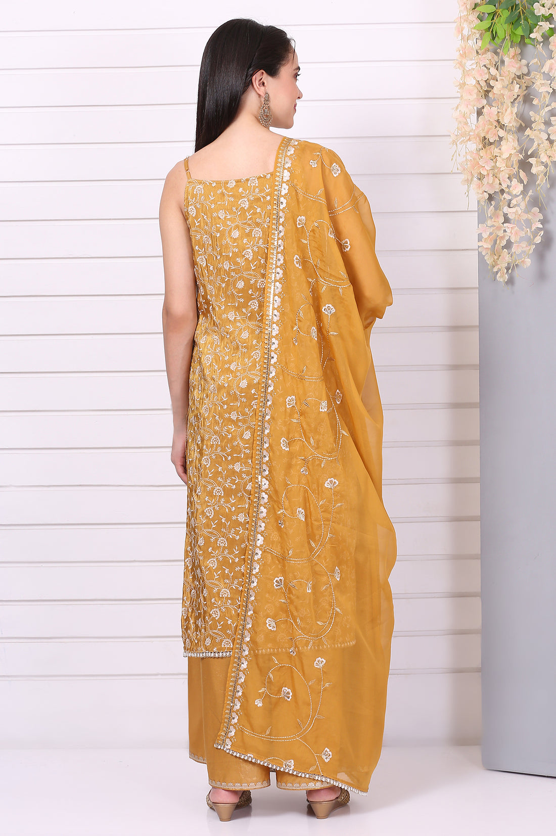 Gold Thread Embroidered Straight Spaghetti Kurta, Palazzos and Dupatta Set