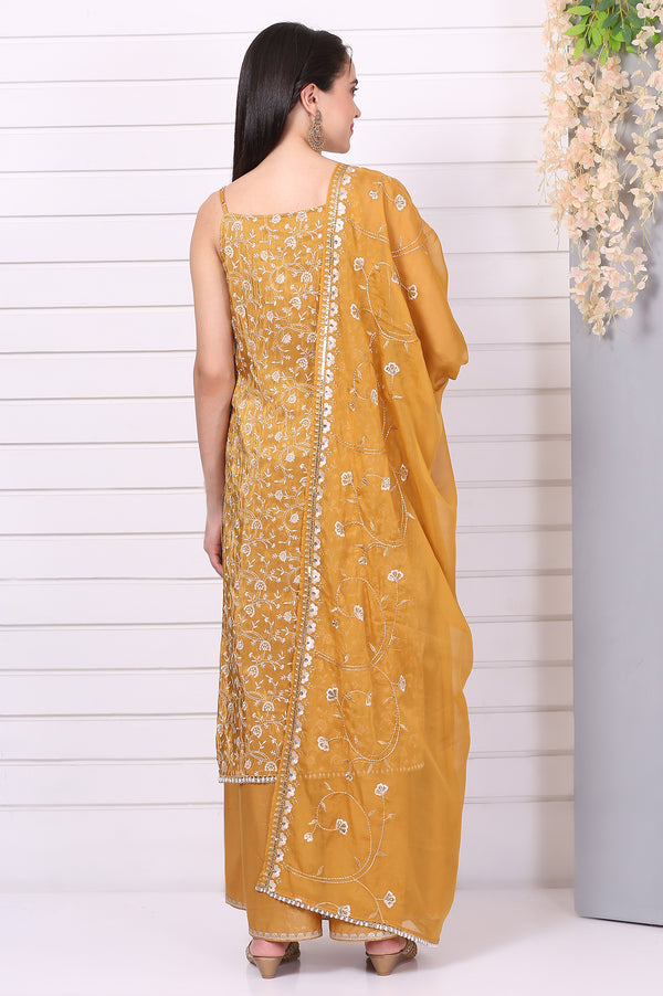 Gold Thread Embroidered Straight Spaghetti Kurta, Palazzos and Dupatta Set
