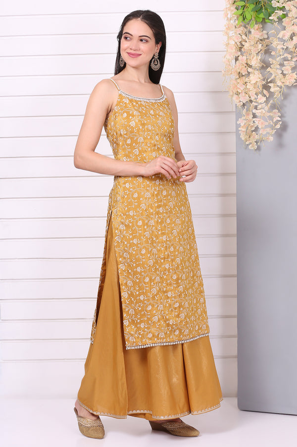 Gold Thread Embroidered Straight Spaghetti Kurta, Palazzos and Dupatta Set