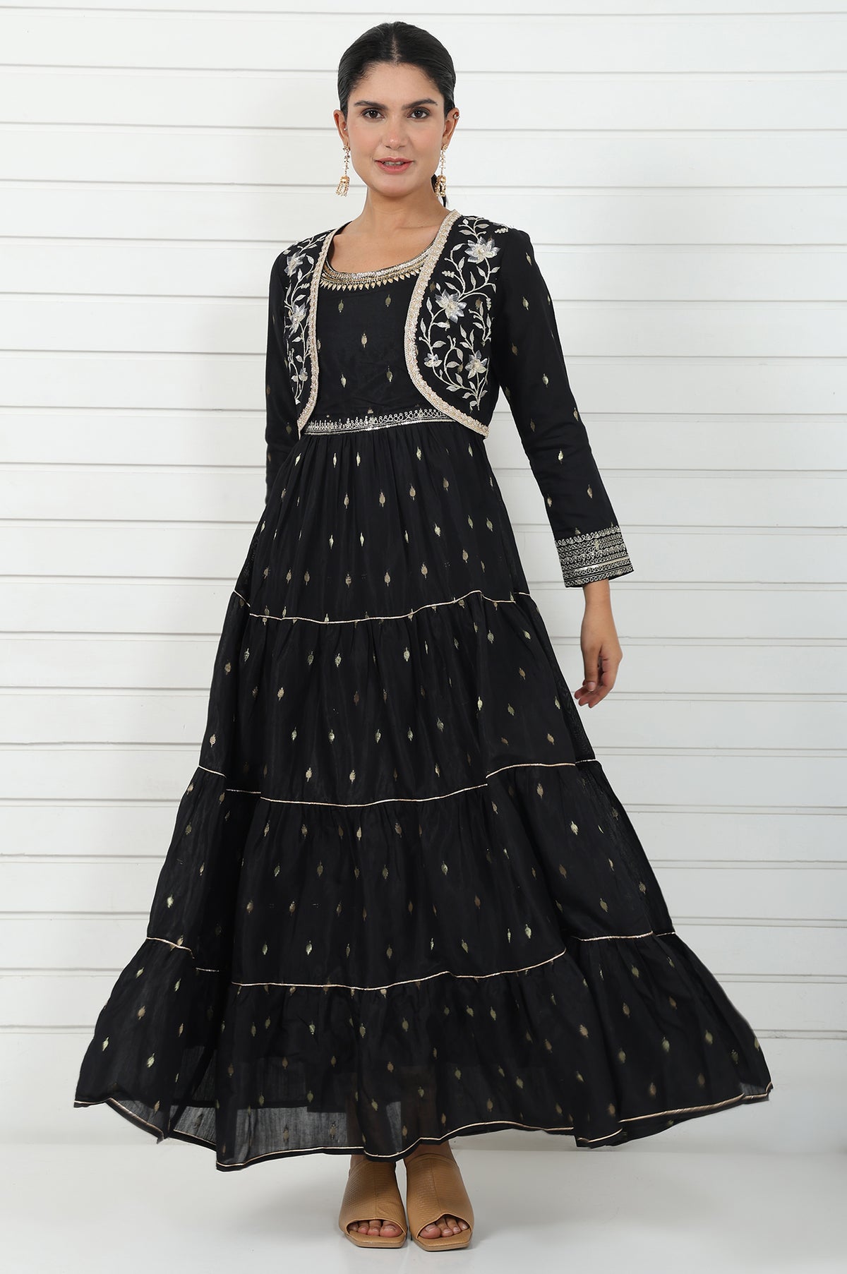 Black Abstract Printed Dori Embroidered Jacquard Flared Dress And Jacket Set - XS