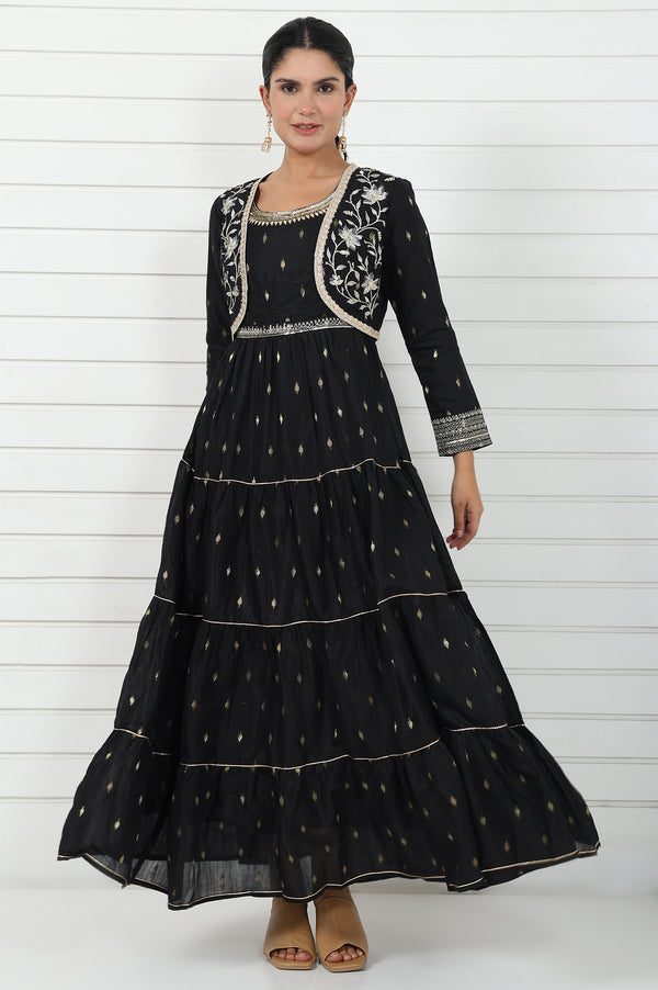 Black Abstract Printed Dori Embroidered Jacquard Flared Dress And Jacket Set