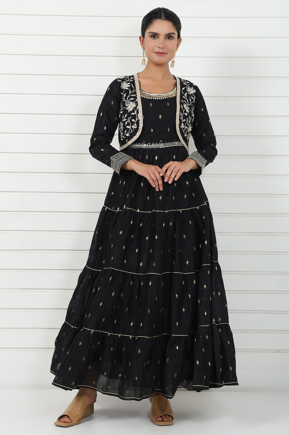 Black Abstract Printed Dori Embroidered Jacquard Flared Dress And Jacket Set