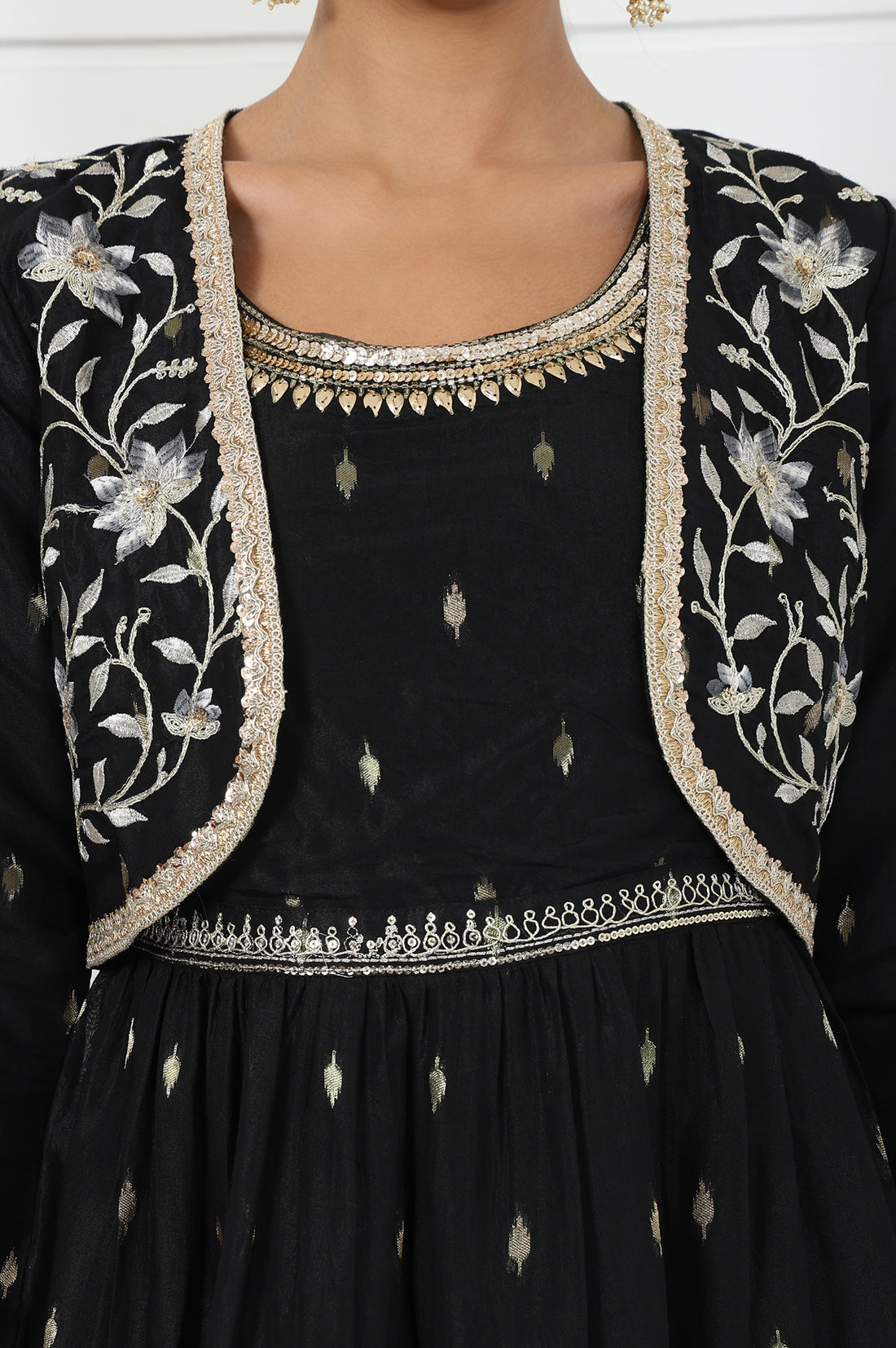 Black Abstract Printed Dori Embroidered Jacquard Flared Dress And Jacket Set