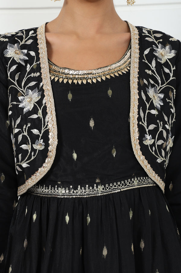 Black Abstract Printed Dori Embroidered Jacquard Flared Dress And Jacket Set