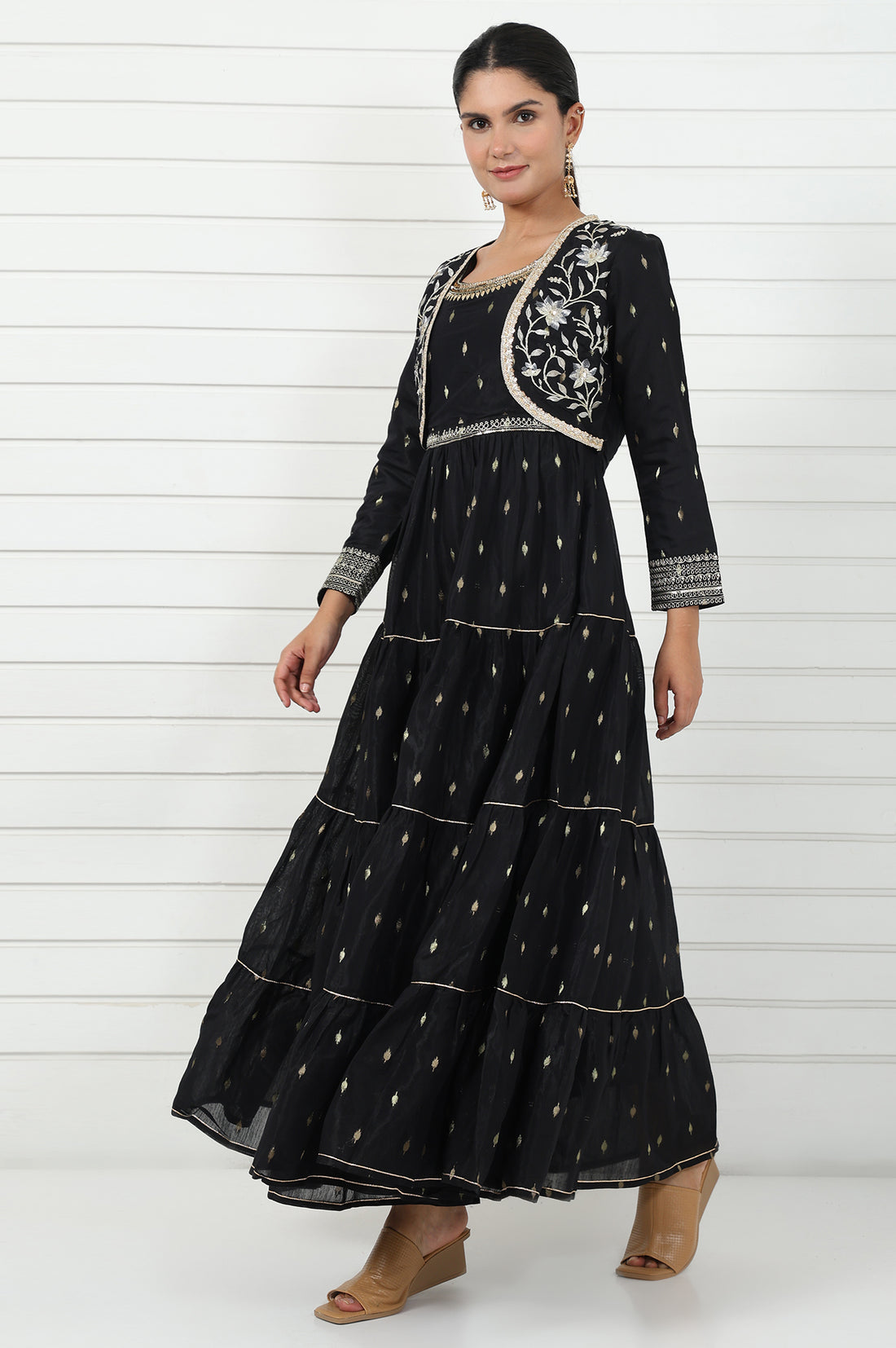 Black Abstract Printed Dori Embroidered Jacquard Flared Dress And Jacket Set
