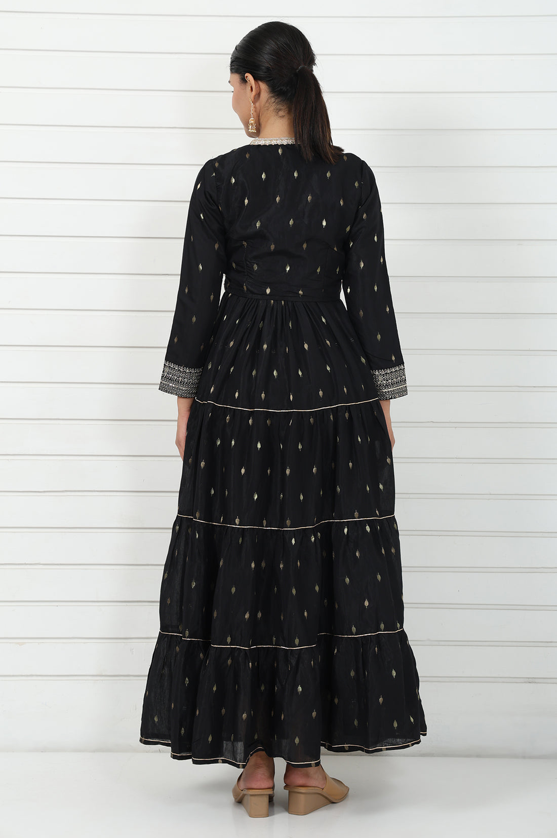 Black Abstract Printed Dori Embroidered Jacquard Flared Dress And Jacket Set