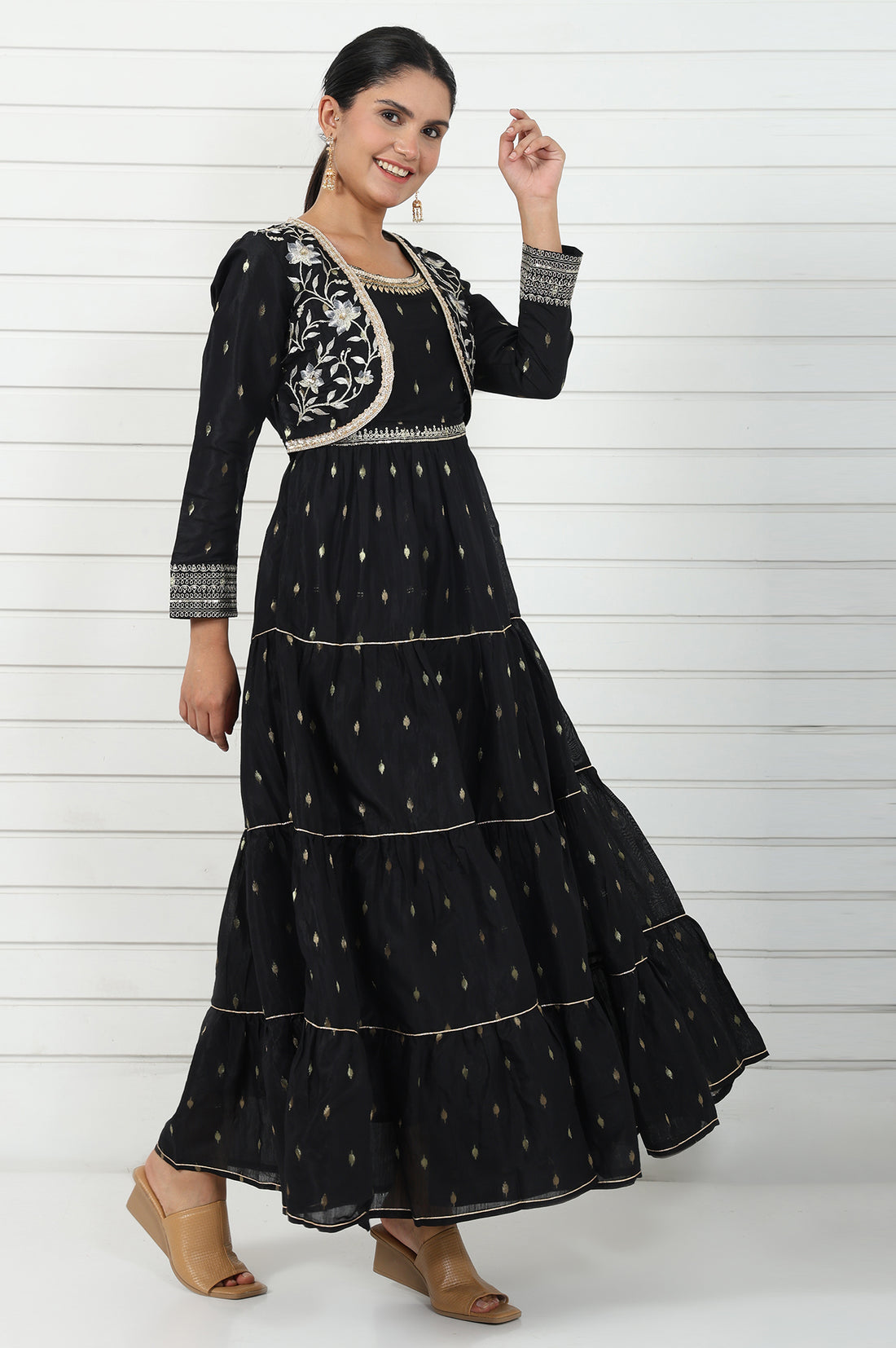 Black Abstract Printed Dori Embroidered Jacquard Flared Dress And Jacket Set