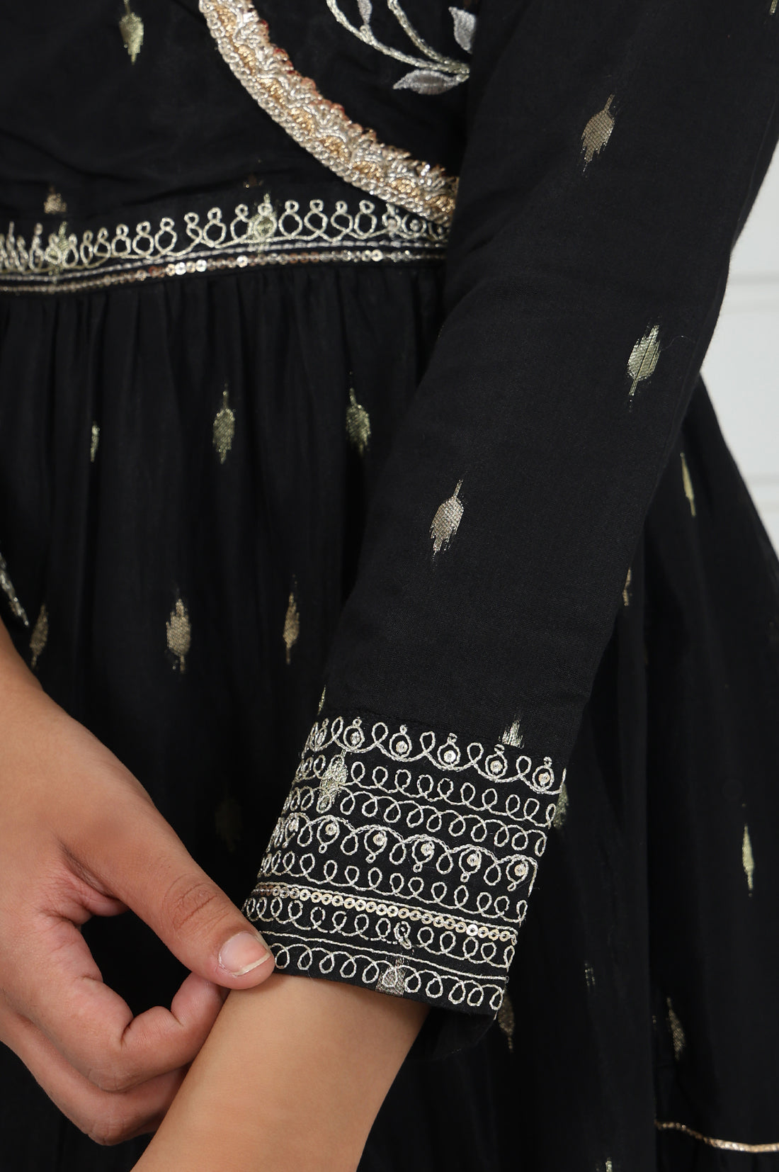 Black Abstract Printed Dori Embroidered Jacquard Flared Dress And Jacket Set