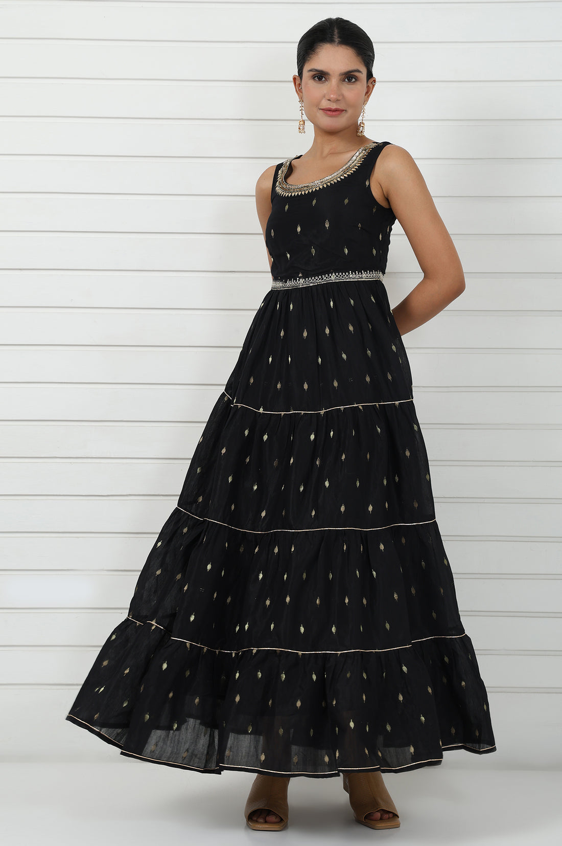 Black Abstract Printed Dori Embroidered Jacquard Flared Dress And Jacket Set