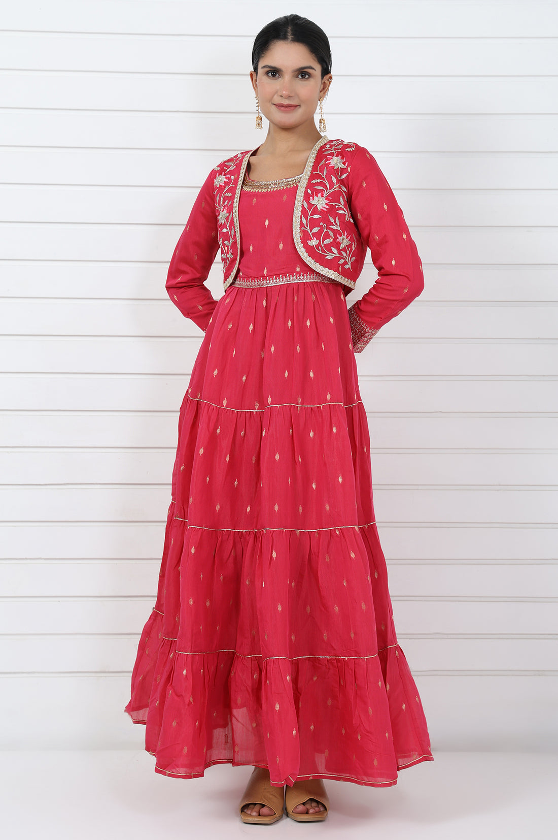 Pink Abstract Printed Dori Embroidered Jacquard Flared Dress And Jacket Set