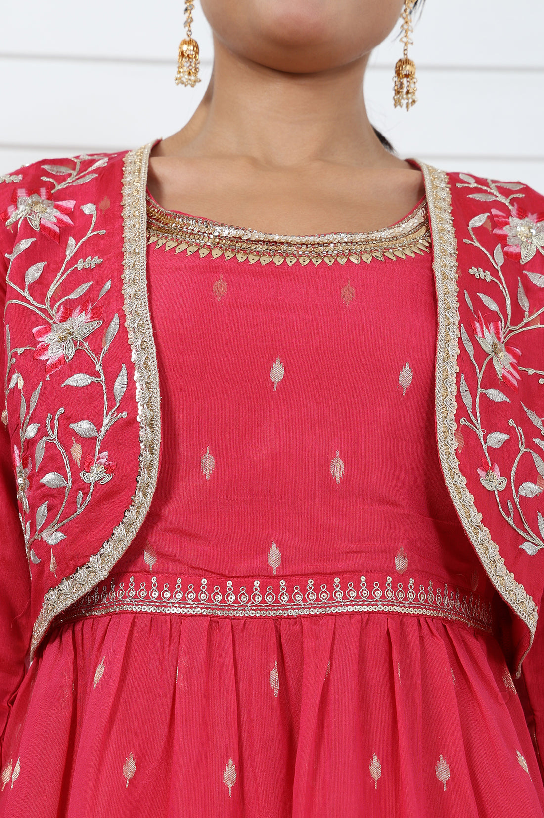 Pink Abstract Printed Dori Embroidered Jacquard Flared Dress And Jacket Set