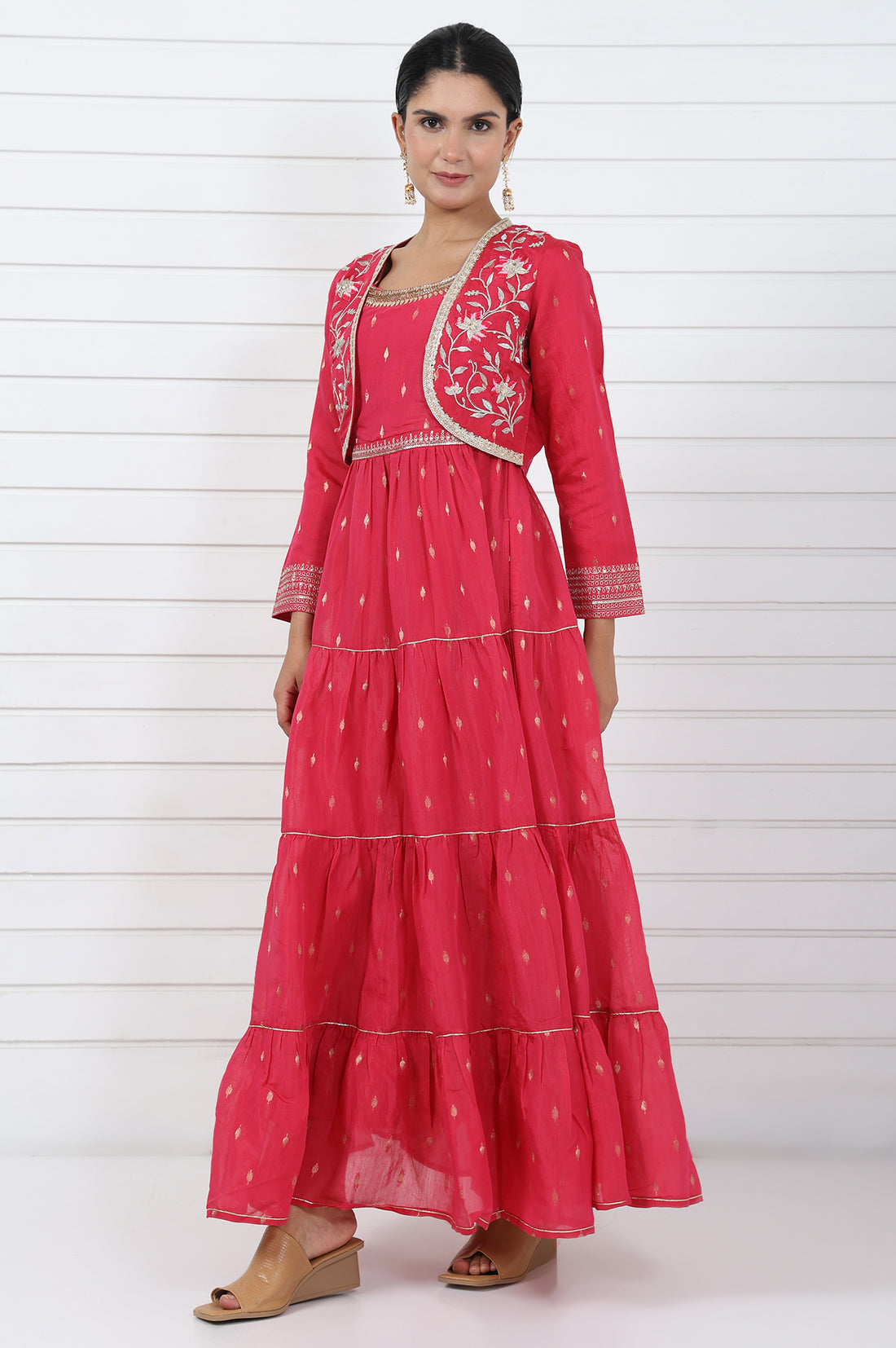 Pink Abstract Printed Dori Embroidered Jacquard Flared Dress And Jacket Set