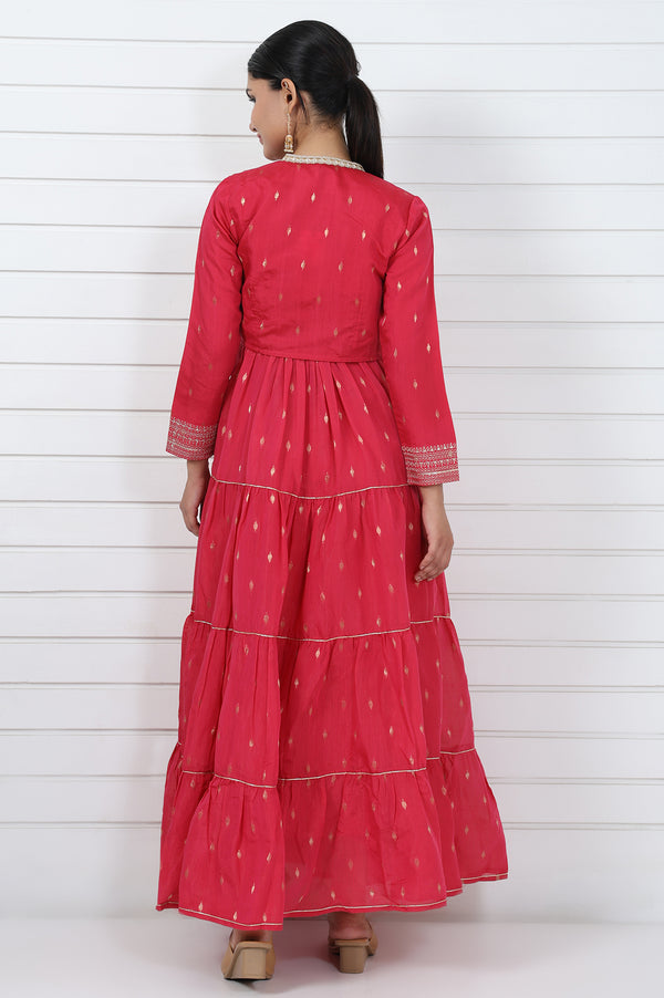 Pink Abstract Printed Dori Embroidered Jacquard Flared Dress And Jacket Set