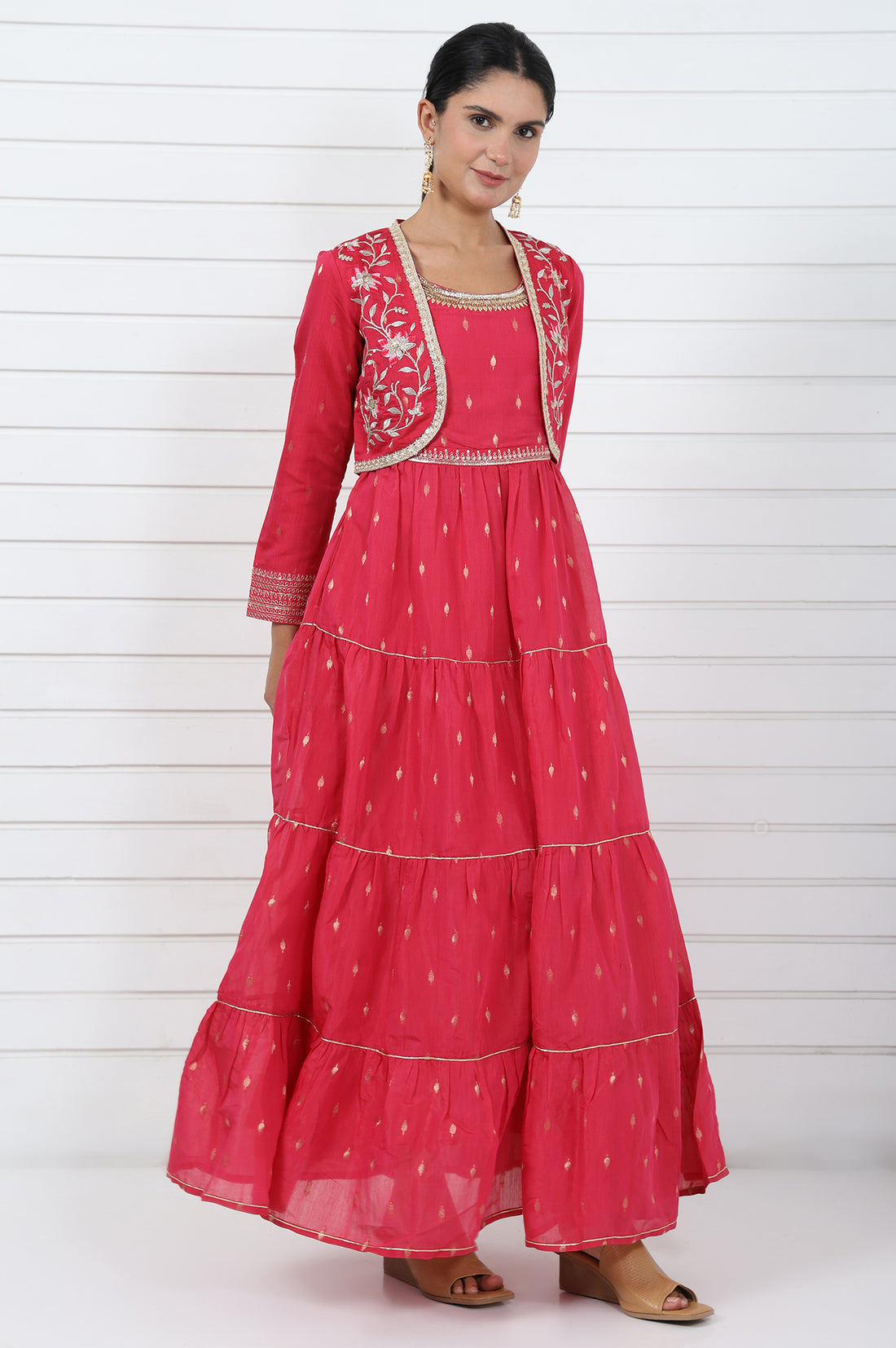 Pink Abstract Printed Dori Embroidered Jacquard Flared Dress And Jacket Set