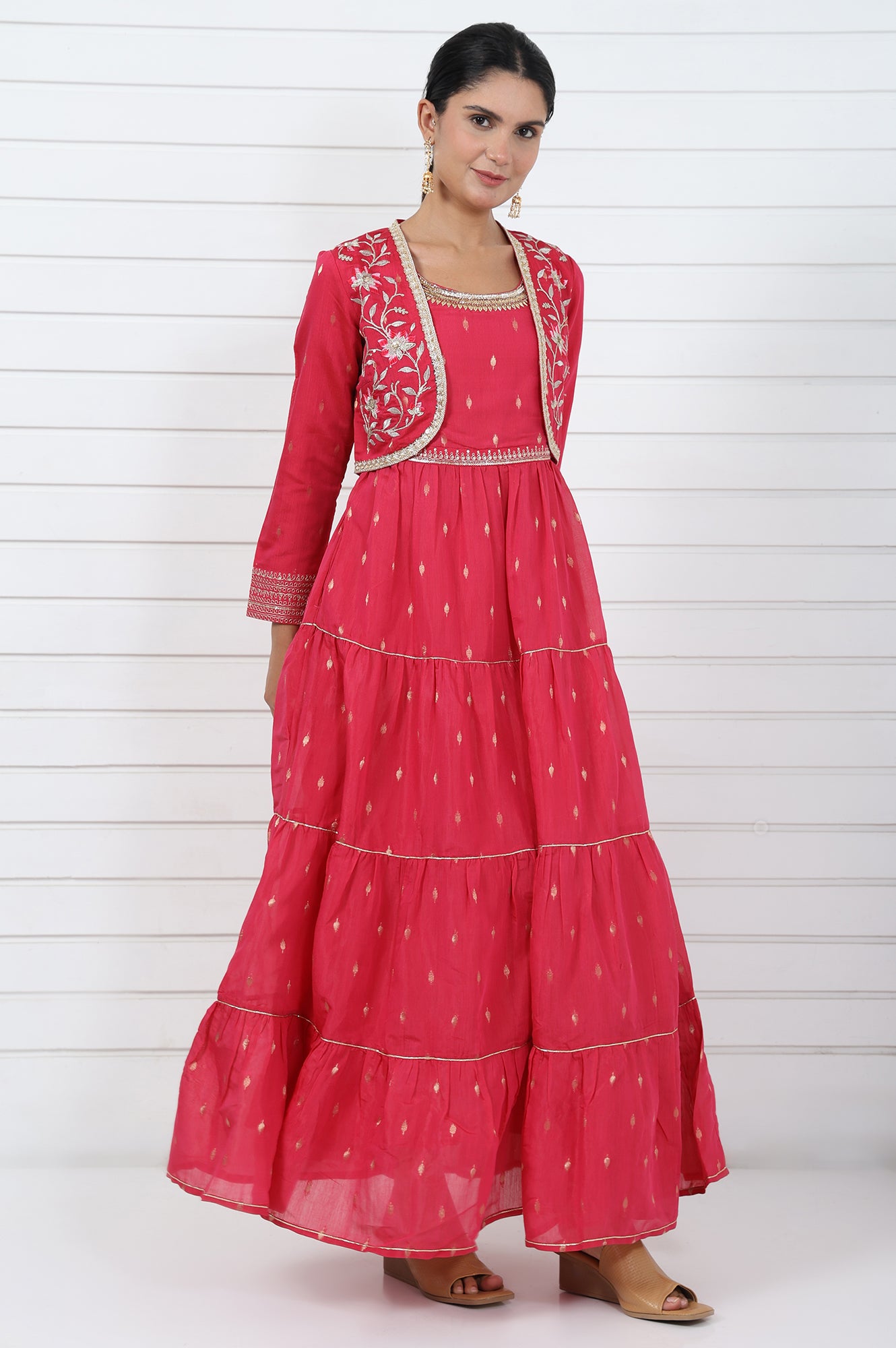 Pink Abstract Printed Dori Embroidered Jacquard Flared Dress And Jacket Set