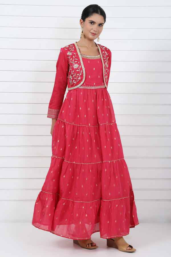 Pink Abstract Printed Dori Embroidered Jacquard Flared Dress And Jacket Set