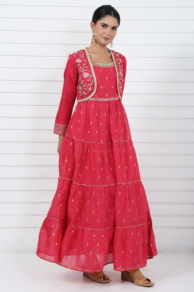 Pink Abstract Printed Dori Embroidered Jacquard Flared Dress And Jacket Set