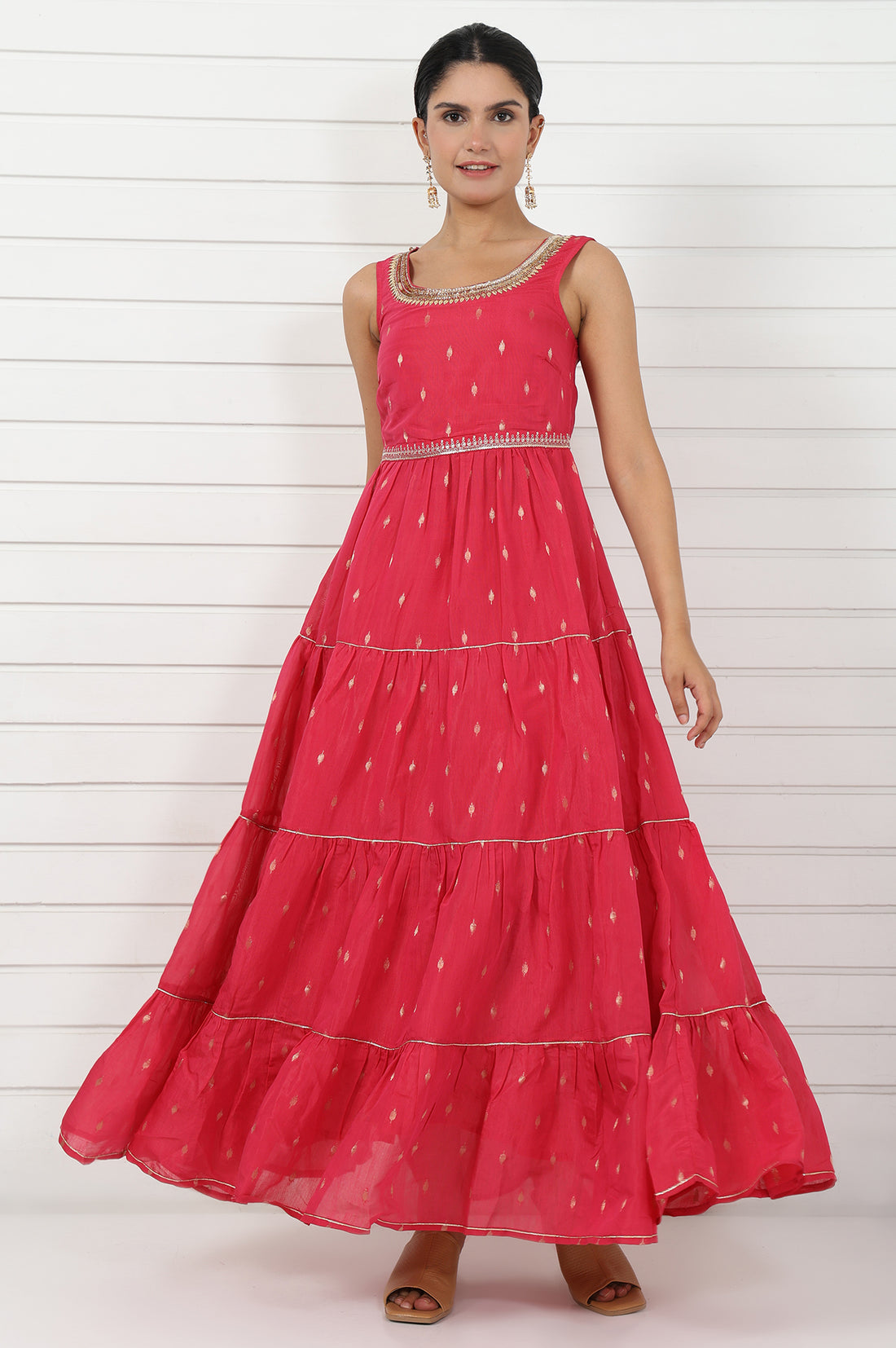 Pink Abstract Printed Dori Embroidered Jacquard Flared Dress And Jacket Set