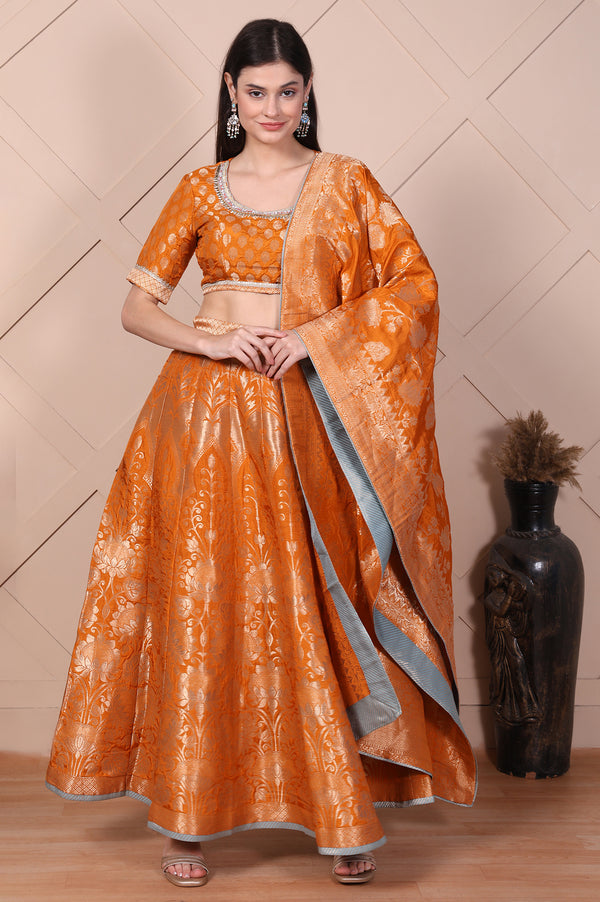 Orange Jacquard Printed Embellished Jacquard Flared Crop Top, Skirt and Dupatta Set