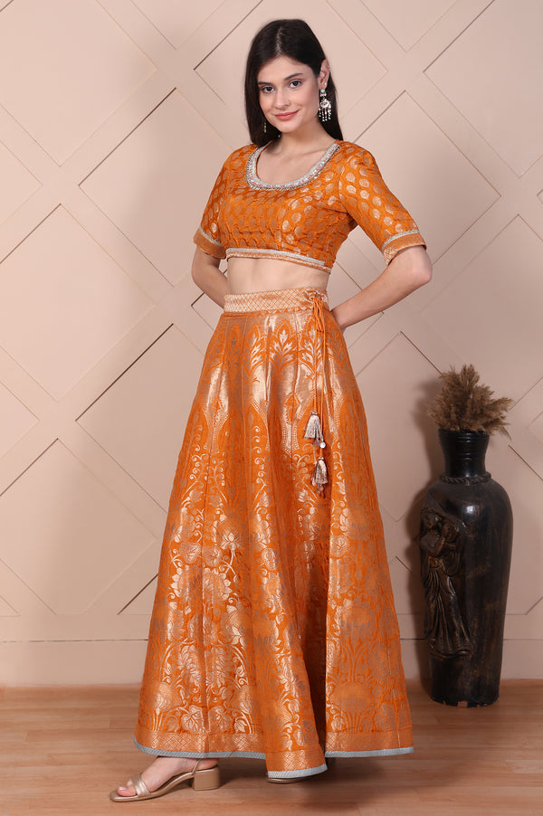 Orange Jacquard Printed Embellished Jacquard Flared Crop Top, Skirt and Dupatta Set