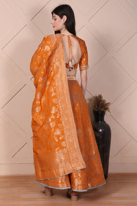 Orange Jacquard Printed Embellished Jacquard Flared Crop Top, Skirt and Dupatta Set